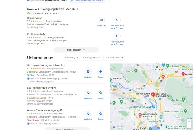Lokal Services Ads von Google - Suchresulat für Gebäudereinigung